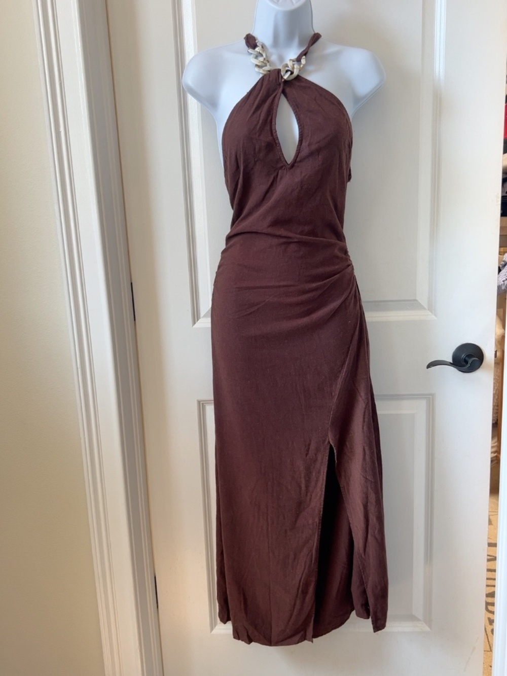Zara Brown Linen Blend Chain Halter Maxi Dress Medium NWT